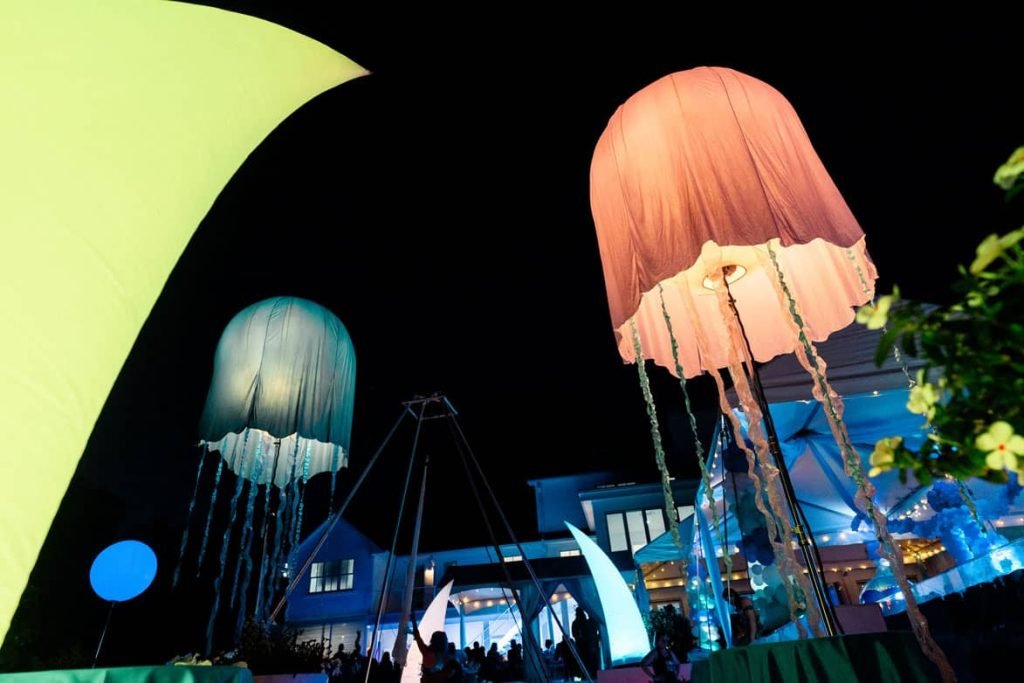 Private Pool Party Event Design - Beach theme with jellyfish balloon lighting - by Triad Event Sound & Lighting